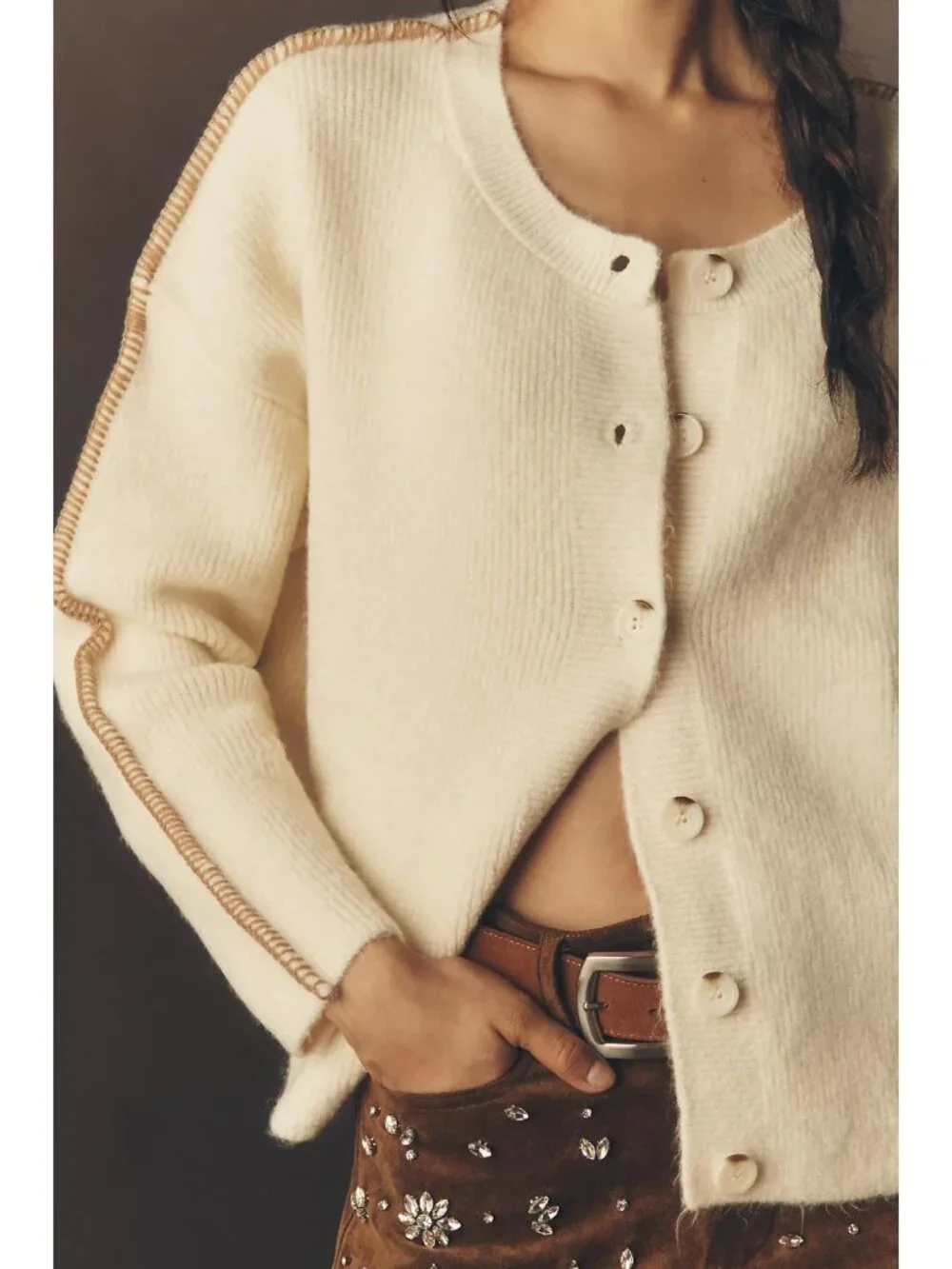 Pilcro Whipstitch Cardigan Sweater Ivory Cream M - Picture 2 of 3